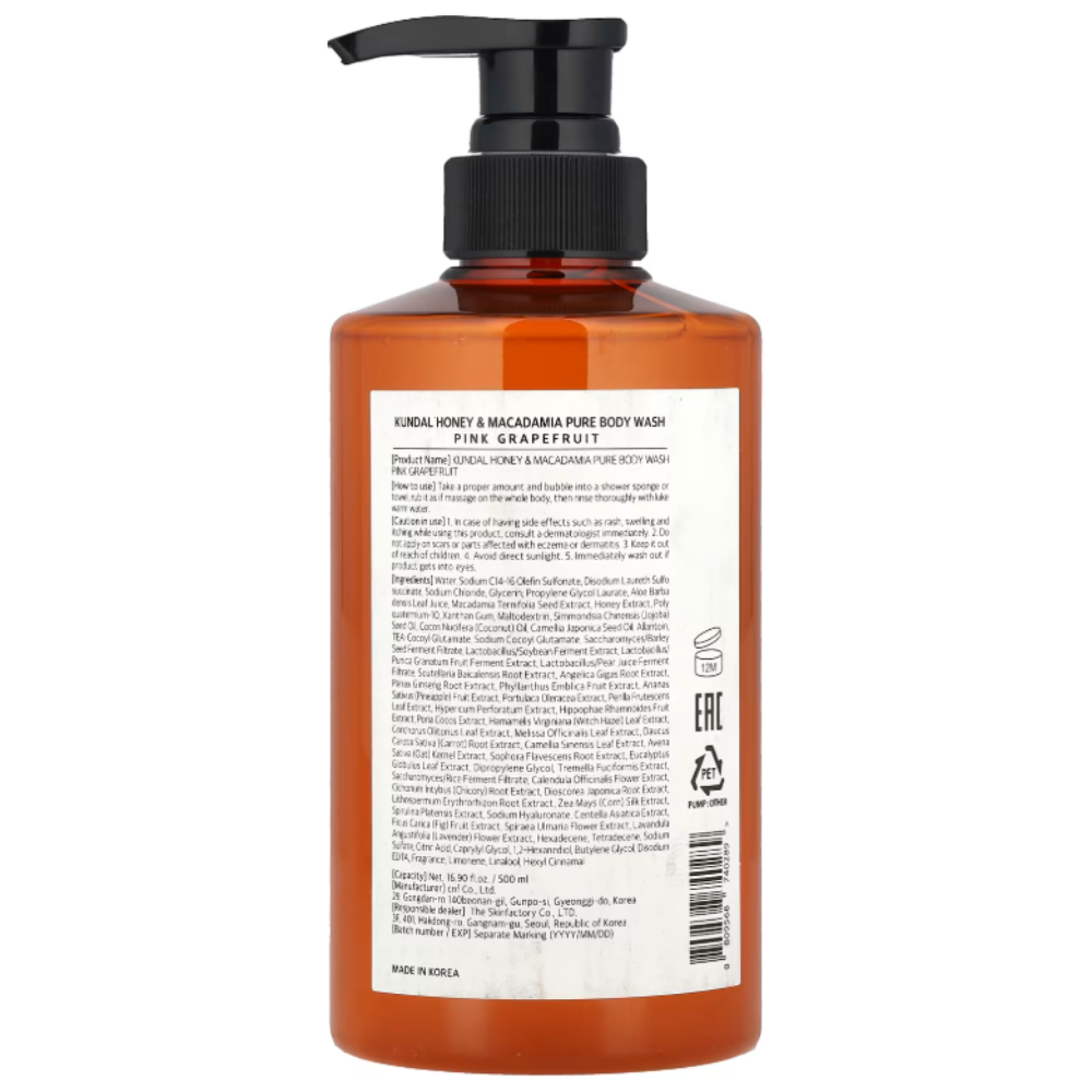 Korean Skincare KUNDAL Honey & Macadamia Pure Body Wash, Pink Grapefruit 500ml mit EAN 8809568740289 Koreanische Kosmetik K Beauty