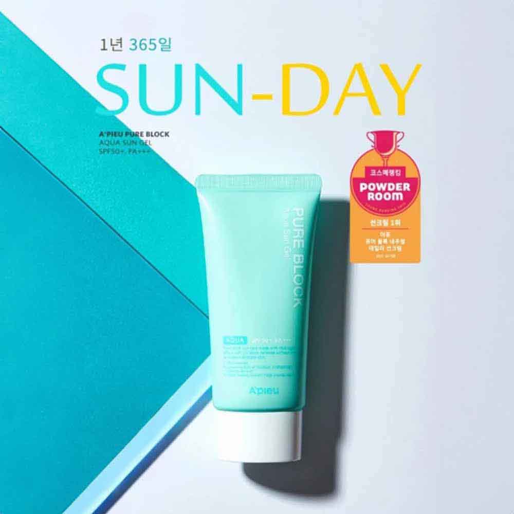 Verpackung Koreanische Kosmetik APIEU Pure Block Aqua Sun Gel SPF50 mit EAN 8809581450646 K-Beauty Korean Skincare